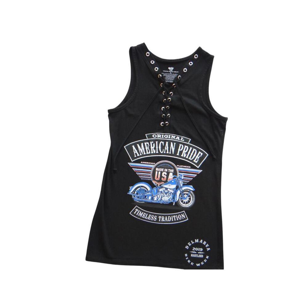 Black Lace-Up Front American Pride Motorcycle Tank Top